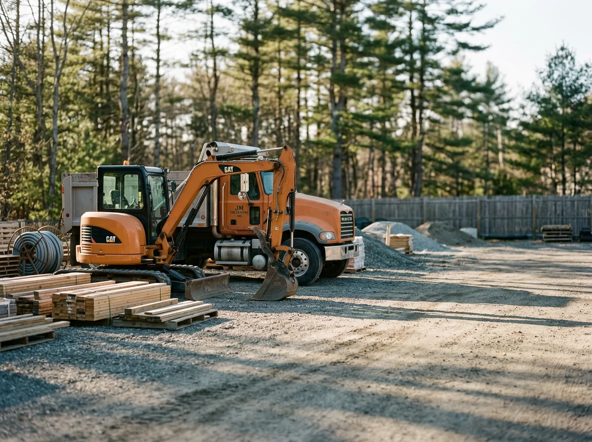 Excavation equipment and machinery on a residential construction site, showing heavy equipment ready for site preparation work.