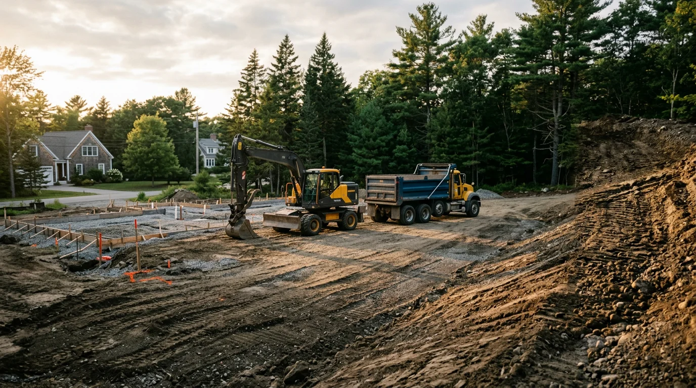 Excavator working on a residential house site development in Maine