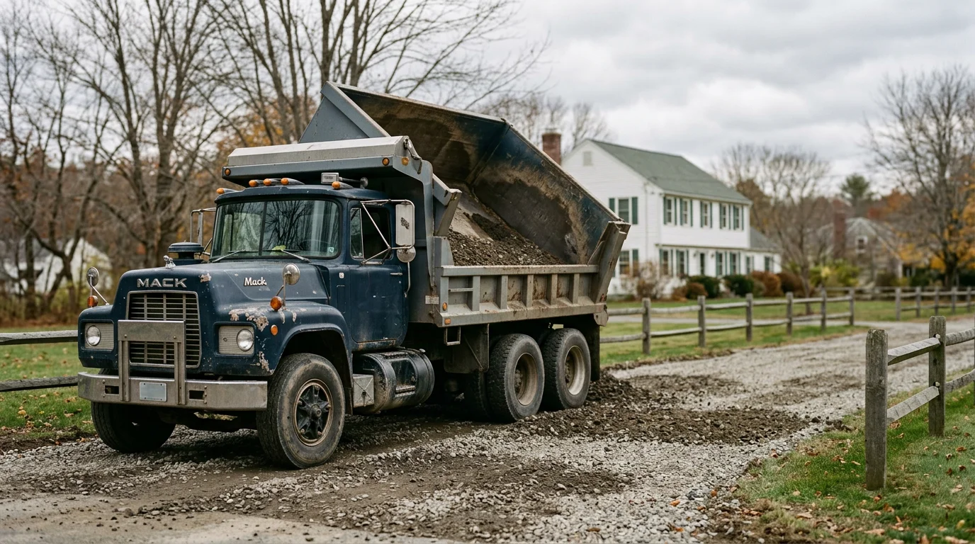 Dump truck loaded with excavated material on a Maine job site