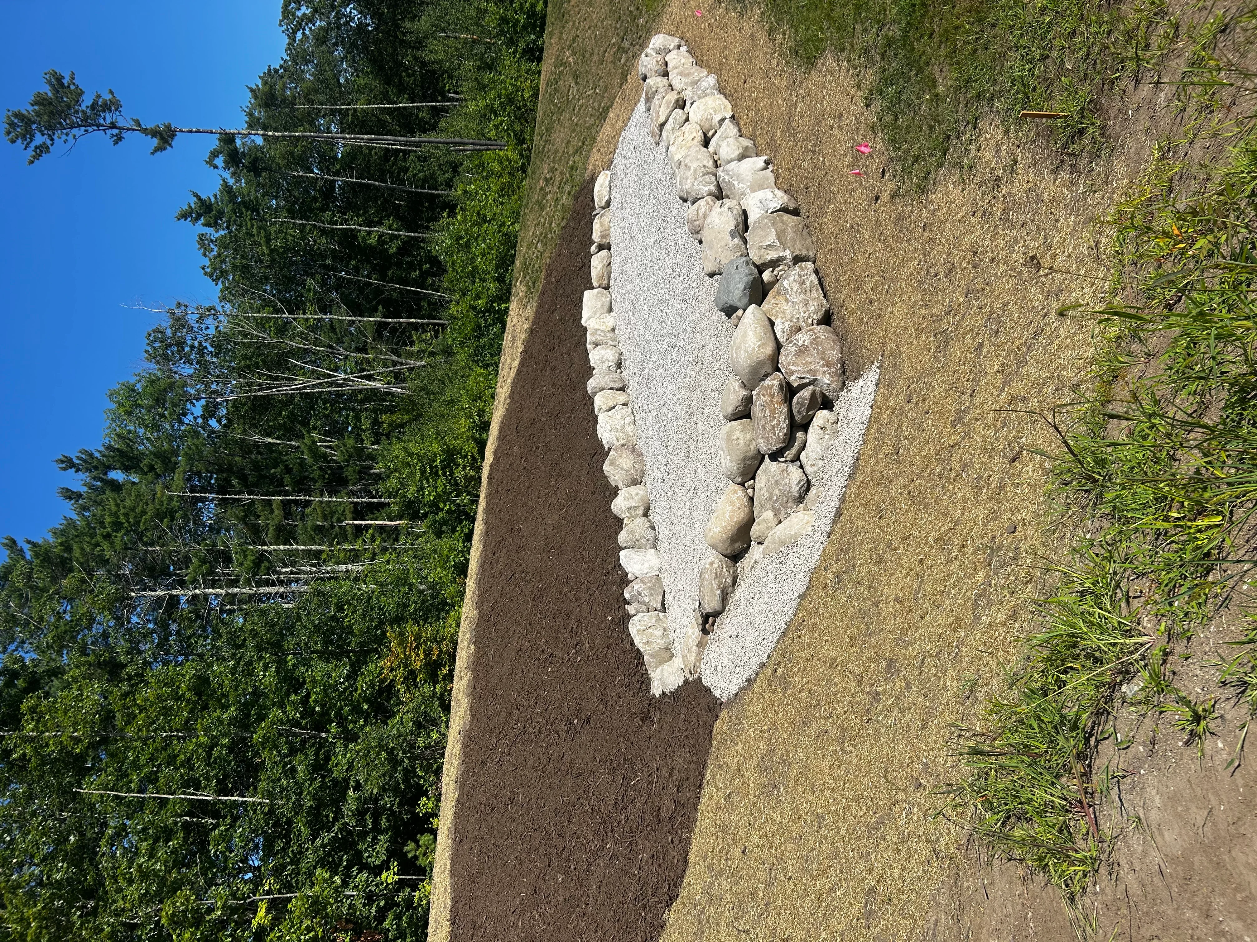 White and gray boulders arranged in linear border along gravel driveway edge