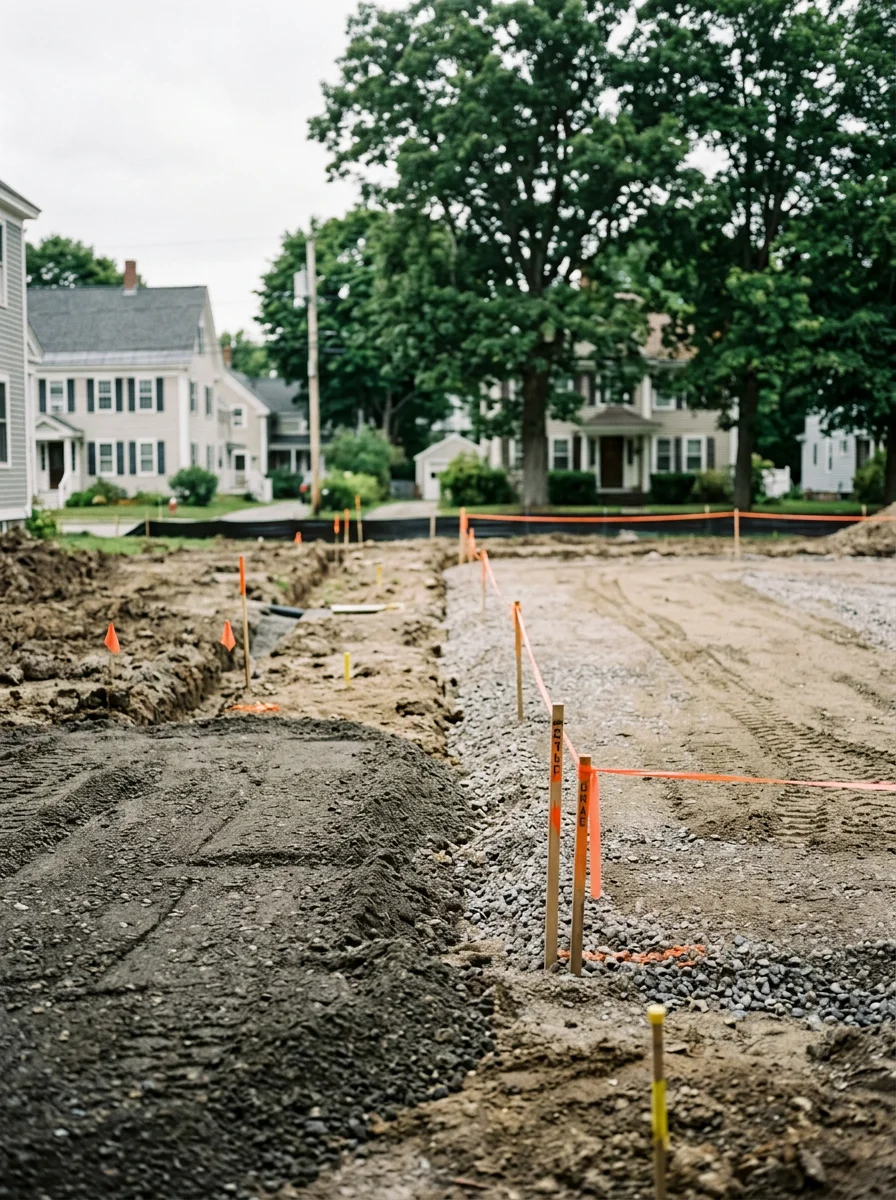 Residential site work in Brunswick, ME, showing a graded lot with compacted aggregate sub-base and utility rough-ins complete, ready for foundation construction.