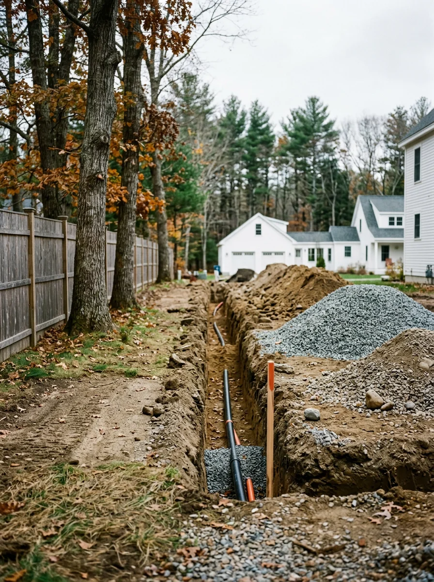 Utility trench open on a Cumberland, ME residential lot, showing aggregate backfill material staged alongside the trench ready for installation.
