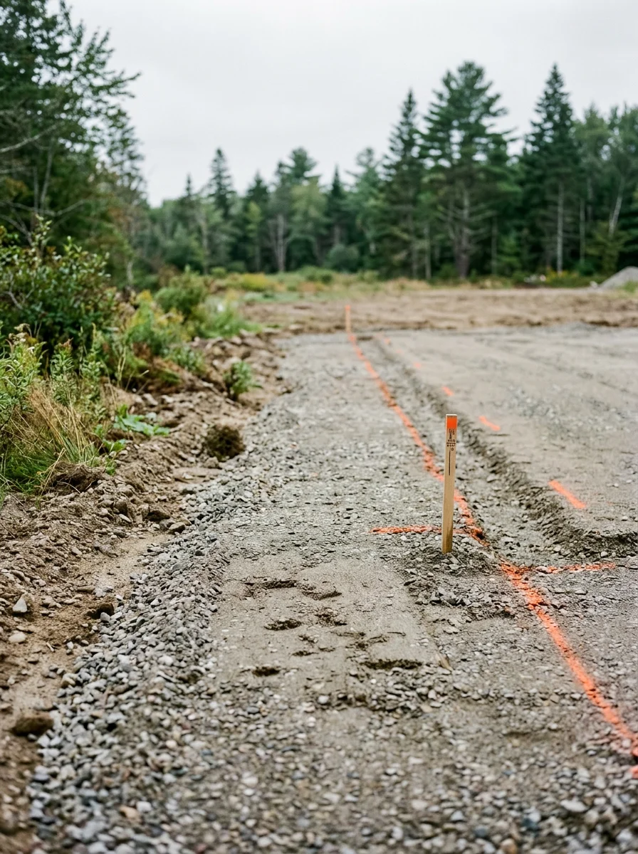 Close-up of a freshly graded building site in Falmouth, ME, showing compacted aggregate base and utility trench lines ready for construction.