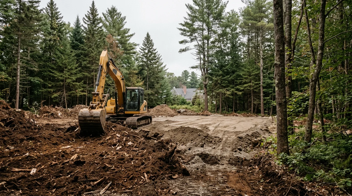 Excavator clearing a wooded inland parcel in Falmouth, Maine, with graded soil and a house site pad taking shape in the foreground.