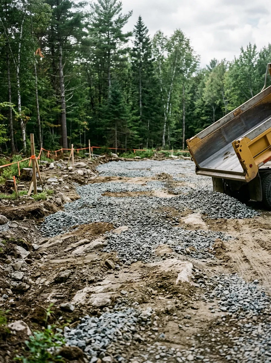Aggregate delivery to a Freeport, ME construction site, showing crushed stone being placed for a foundation sub-base on a lot with variable glacial soil conditions.