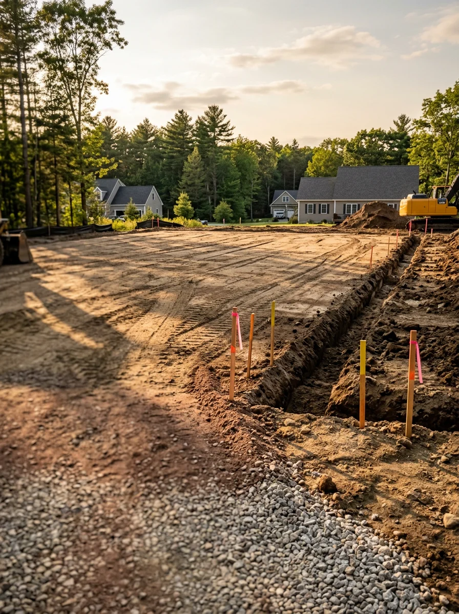 Utility trench installation on a Gorham, ME subdivision lot, with aggregate backfill staged and a cleared building pad graded and ready for foundation work.
