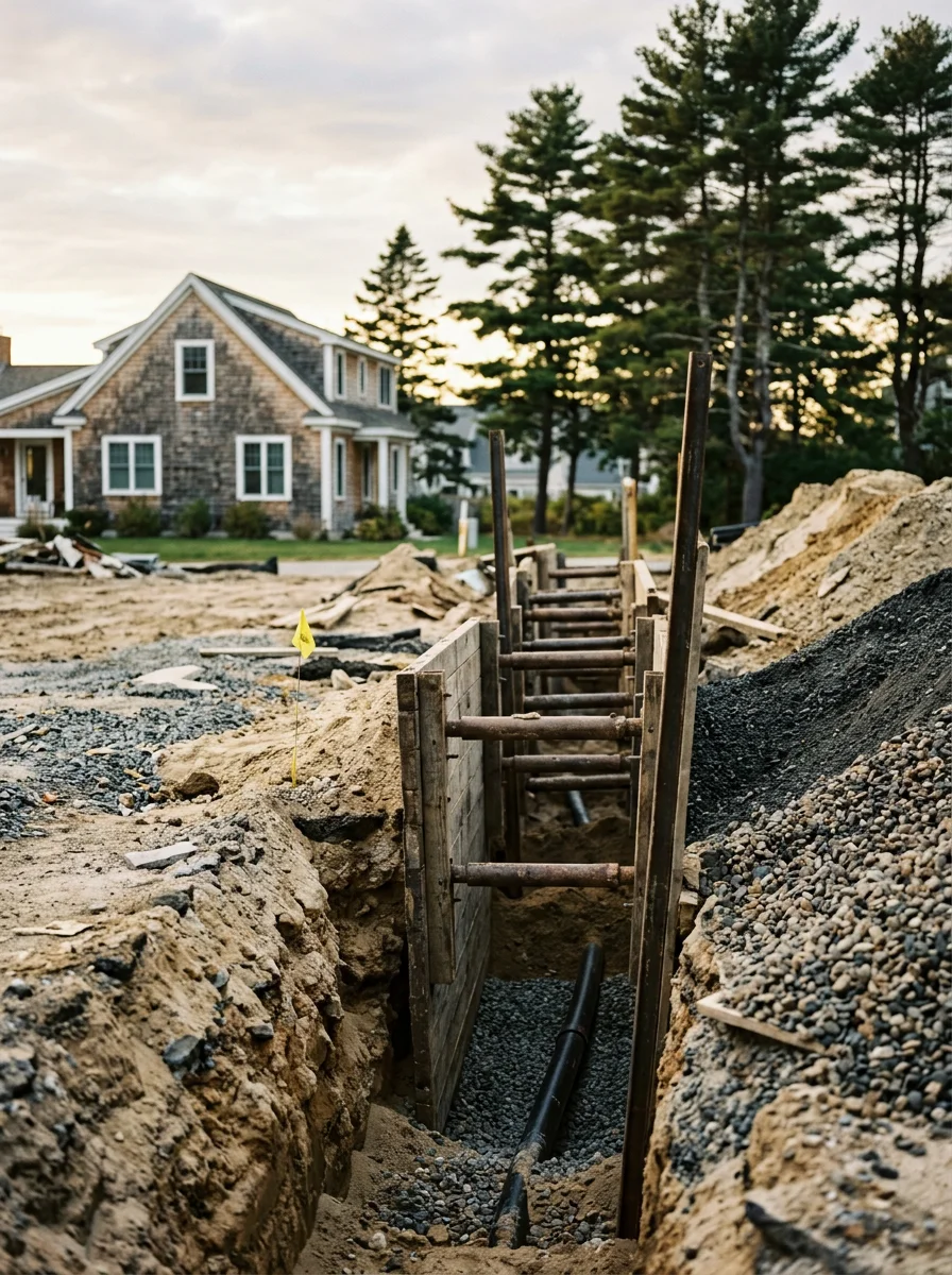 Utility trench open on a Scarborough, ME residential lot near the coast, showing sandy soil conditions and aggregate backfill material staged alongside the trench.
