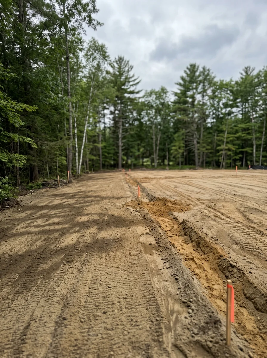 Freshly graded residential lot in Windham, ME, showing compacted sub-base material and utility trench lines with Little Sebago Lake area tree line in the background.