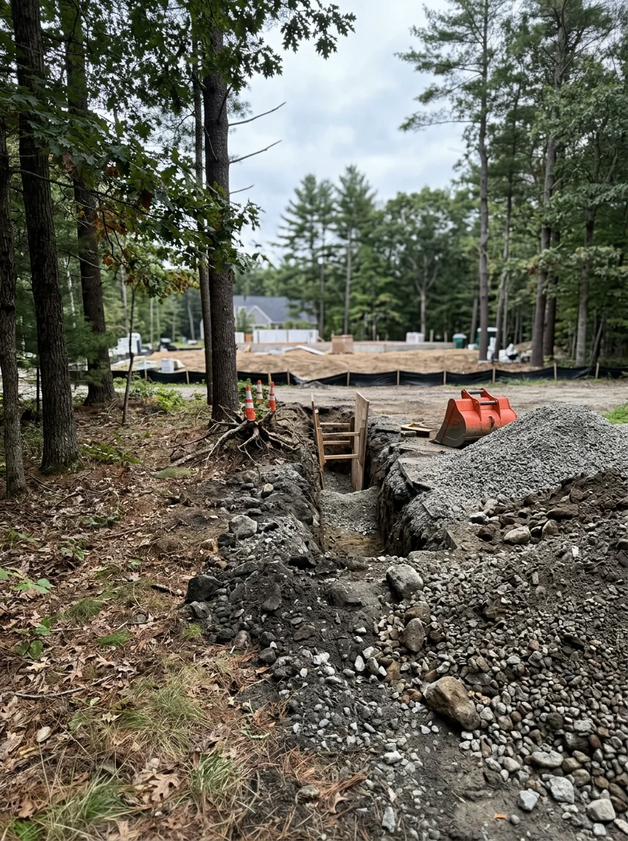 Utility installation on a Yarmouth, ME outlying residential parcel, showing an open trench with aggregate backfill staged and a cleared building site in the background.