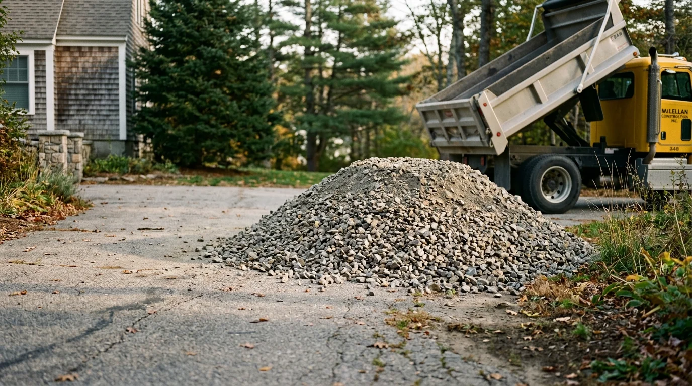 A dump truck from JM Excavating Inc. unloading bulk gravel aggregate at a residential job site in Falmouth, Maine. Crushed stone is piled on a driveway base area ready for grading and compaction.