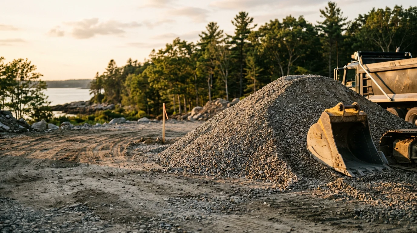 Bulk aggregate material staged at a residential construction site in Falmouth, Maine, ready for use as a driveway base. A dump truck is positioned nearby on a gravel-covered lot surrounded by mature trees.