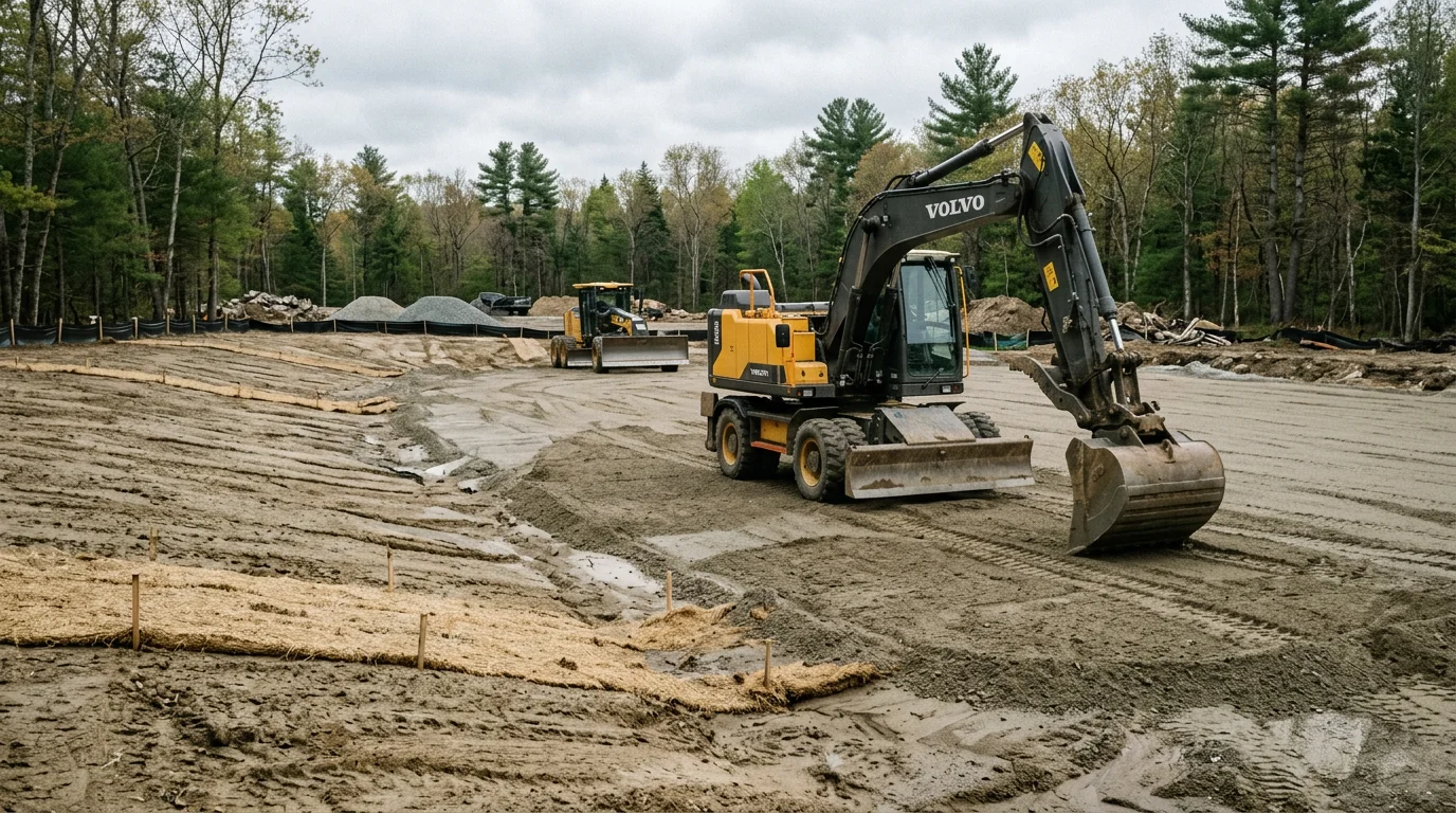 A commercial site in Falmouth, Maine showing freshly graded and compacted earth with drainage infrastructure in place, ready for foundation and paving work. Heavy equipment tracks visible across the leveled subbase on an overcast Southern Maine day.
