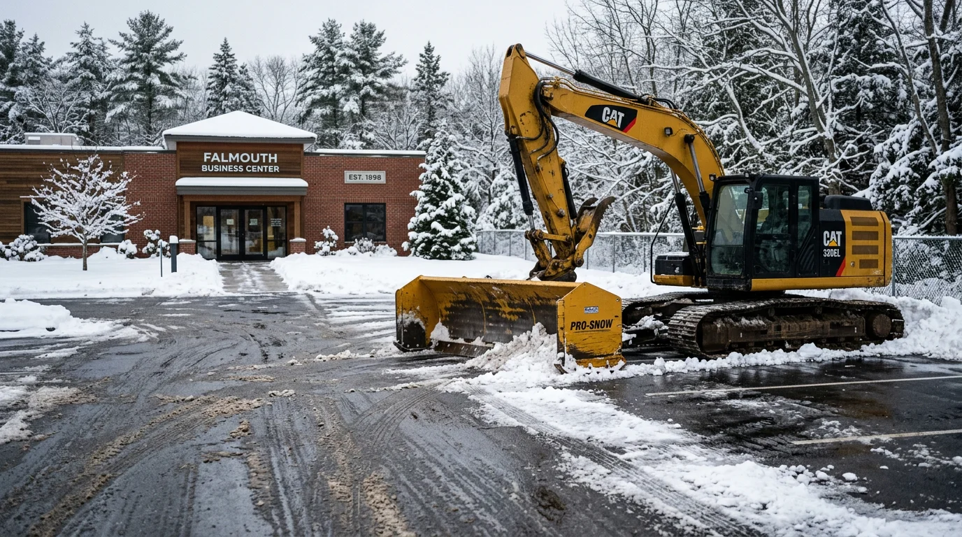 A commercial property entrance in Falmouth, Maine with snow fully cleared from the walkway and access area after a winter storm. JM Excavating Inc. equipment visible in the background on a cleared commercial lot.