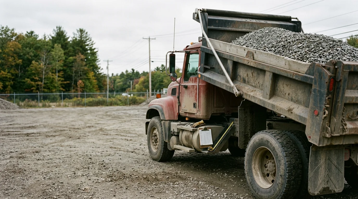 A heavy-duty dump truck loaded with construction materials parked at a job site in Falmouth, Maine, with a residential construction frame visible in the background. The truck is positioned on a gravel staging area typical of new construction sites in Cumberland County.