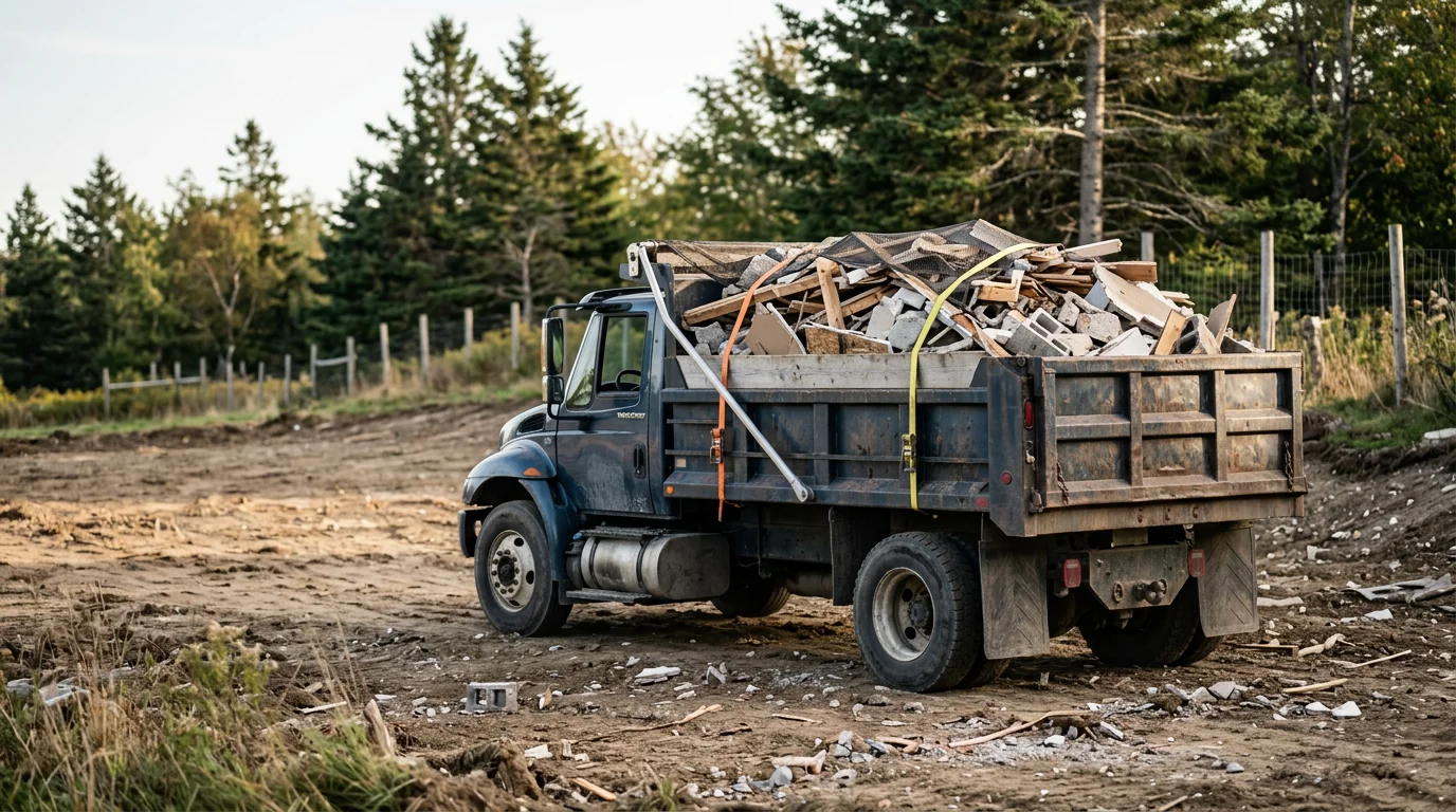 A JM Excavating Inc. truck loaded with construction debris at a cleared job site in Falmouth, Maine. The surrounding lot shows freshly exposed ground after a land-clearing and debris removal project.