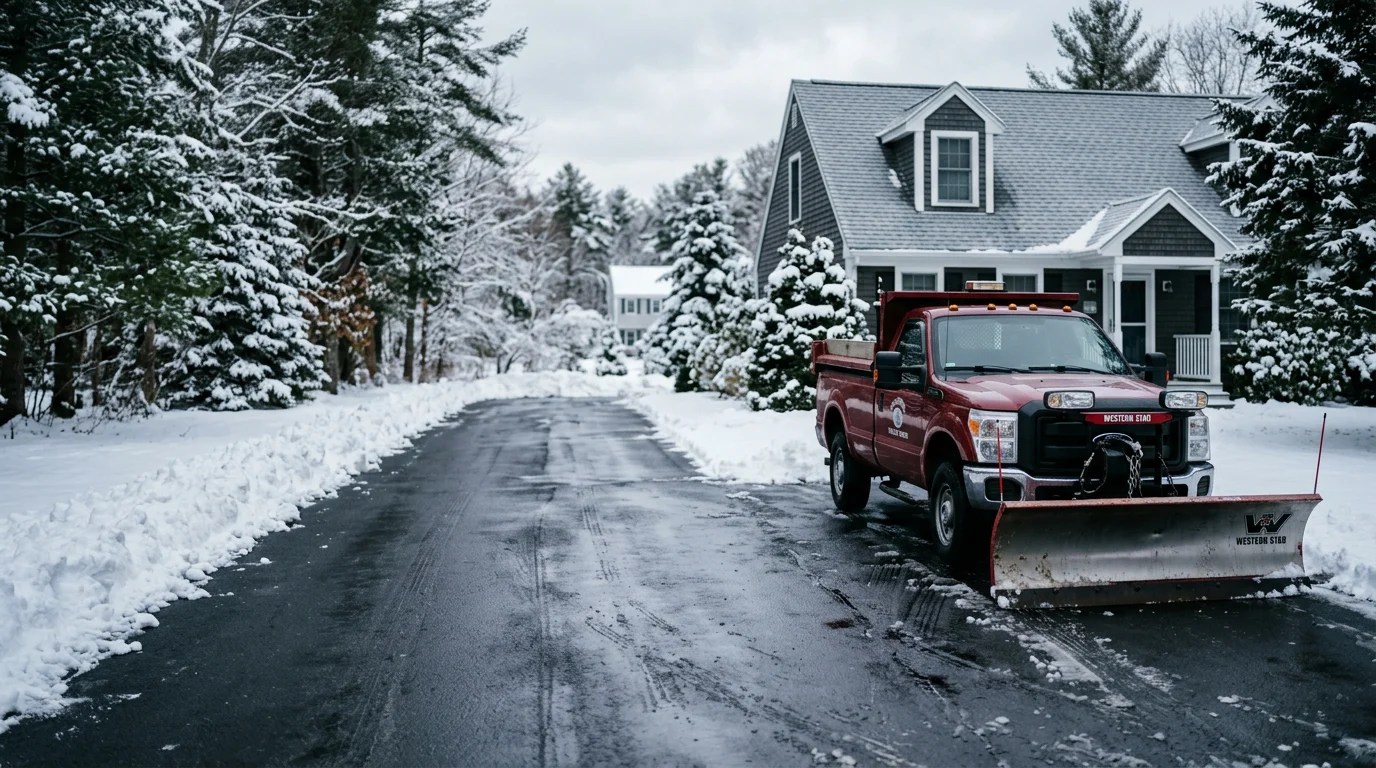 A residential driveway in Falmouth, Maine fully cleared of snow after a winter storm, with clean plow lines running the length of the drive to the road. Snow is pushed to the sides, leaving the full width of the driveway open and accessible.