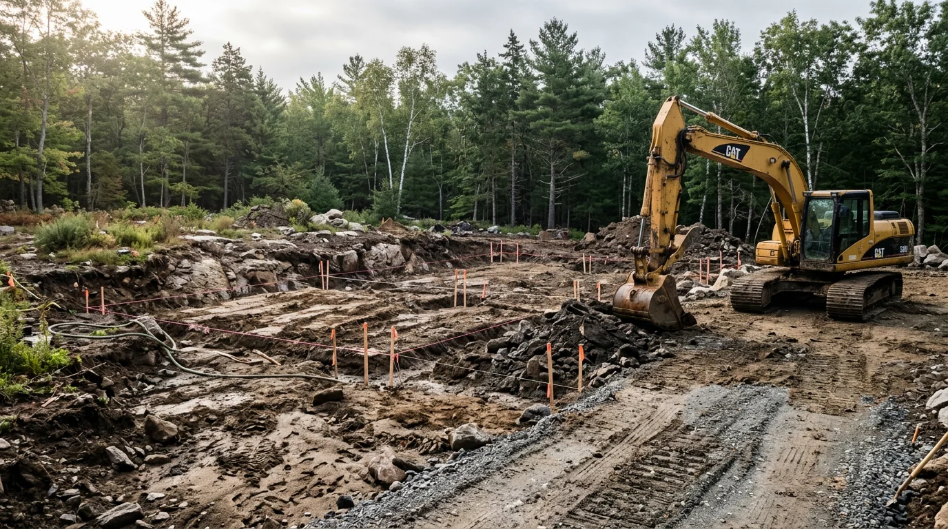 A tracked excavator digging a foundation cut on a wooded residential lot in Falmouth, Maine, with exposed soil and cleared trees visible in the background. The machine works close to the dig line on a cloudy southern Maine day.