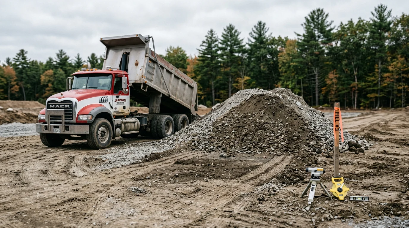 A dump truck deposits a load of fill material at a residential construction site in Falmouth, Maine, with graded soil visible across a leveled yard. A cleared building pad and surrounding tree line are visible in the background.