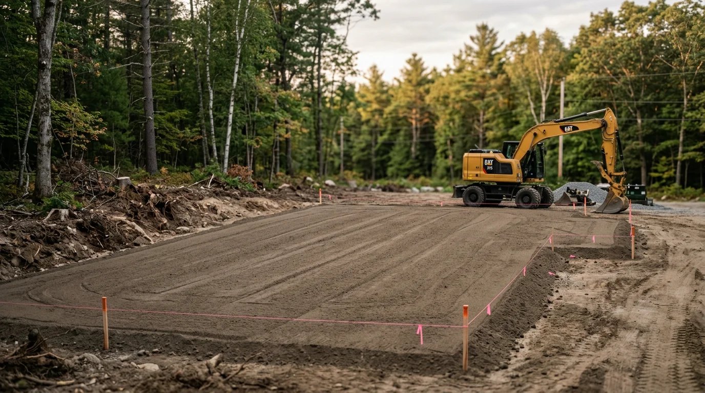 A freshly graded and cleared house site in Falmouth, Maine, showing compacted soil and a level building pad ready for foundation work. Surrounding wooded tree line visible at the lot boundary.