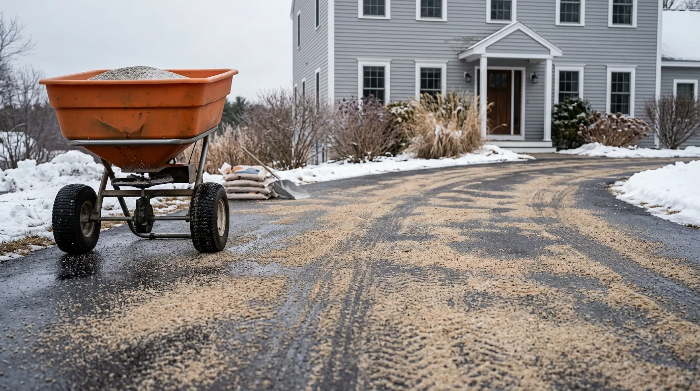 A cleared residential driveway and walkway in Falmouth, Maine after professional ice removal, with surrounding ground still frozen and a home visible in the background. Ice has been fully removed from the entry path and driveway surface, leaving safe, passable footing.
