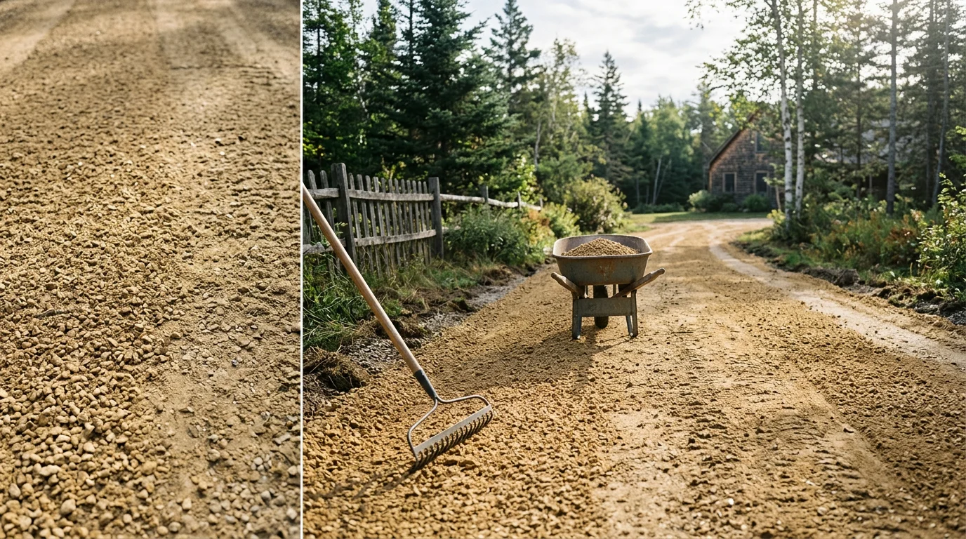 Bulk landscape material staged at a residential property in Falmouth, Maine, ready for a yard grading and garden bed project. A pile of screened material sits near a cleared outdoor work area with a wooded Maine backdrop.