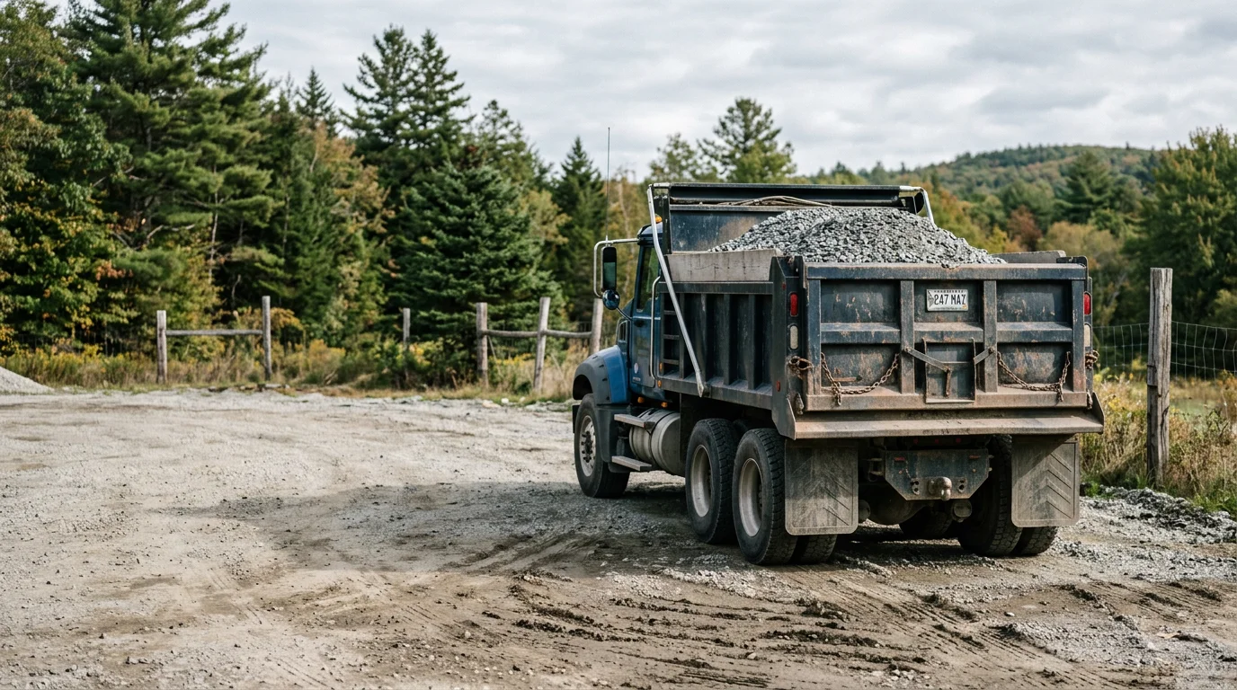 A dump truck loaded with bulk material parked on a job site in Falmouth, Maine, with a cleared construction area visible in the background. The truck is positioned for unloading on a residential site along a southern Maine road.