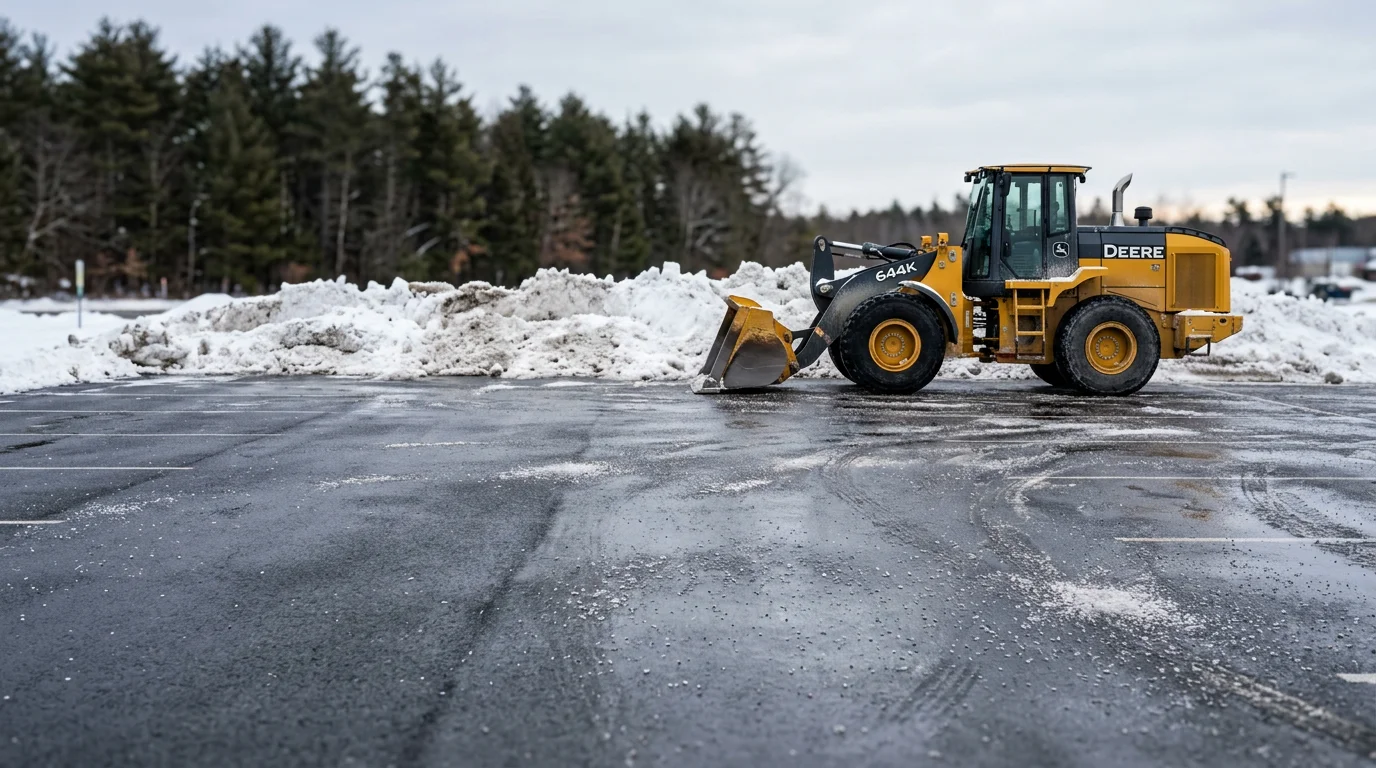 A commercial parking lot in Falmouth, Maine with snow plowed into neat stacking rows along the perimeter, leaving drive lanes and parking spaces fully clear. A JM Excavating Inc. truck is visible near the lot entrance after a winter storm.