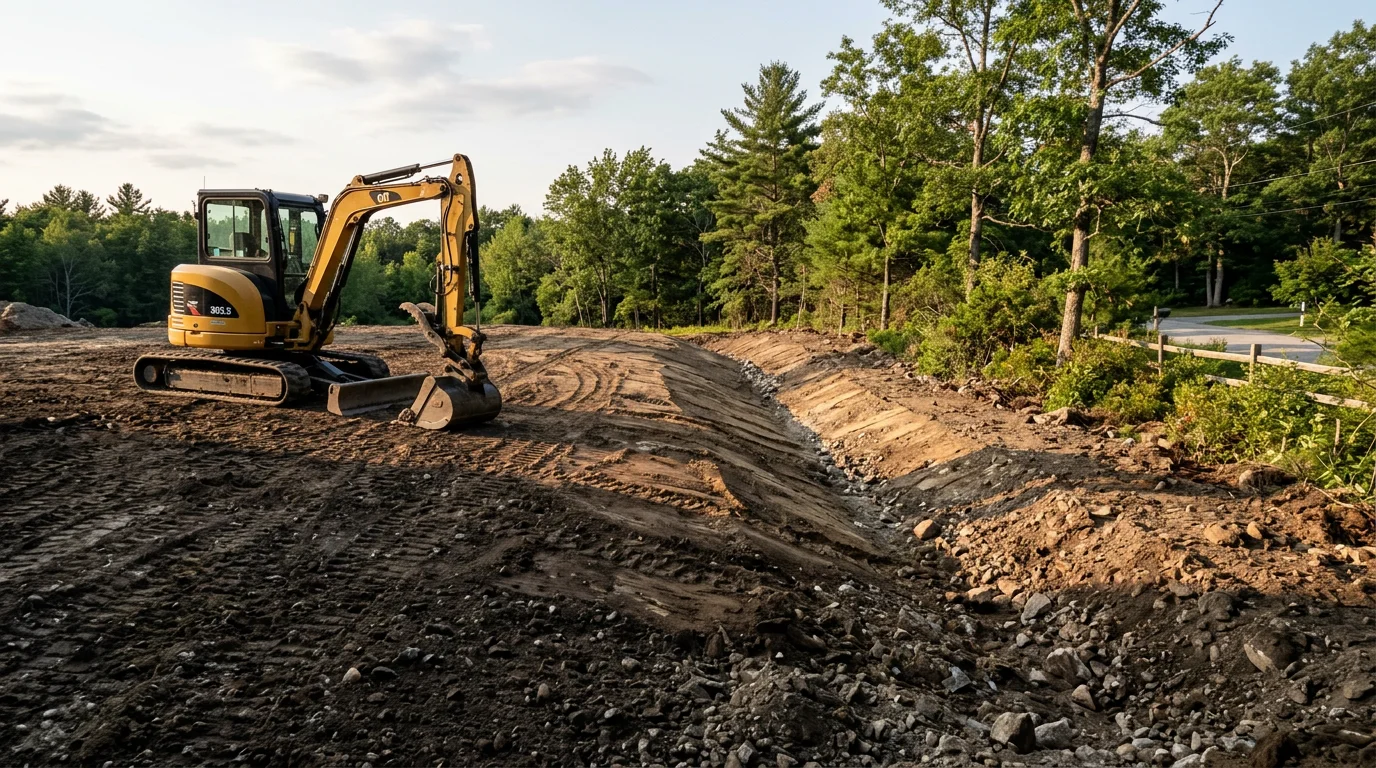 A residential lot in Falmouth, Maine being graded and cleared by an excavator, with exposed soil shaped for proper drainage and a tree line visible at the property edge. The site is prepared and level, ready for the next phase of home construction.