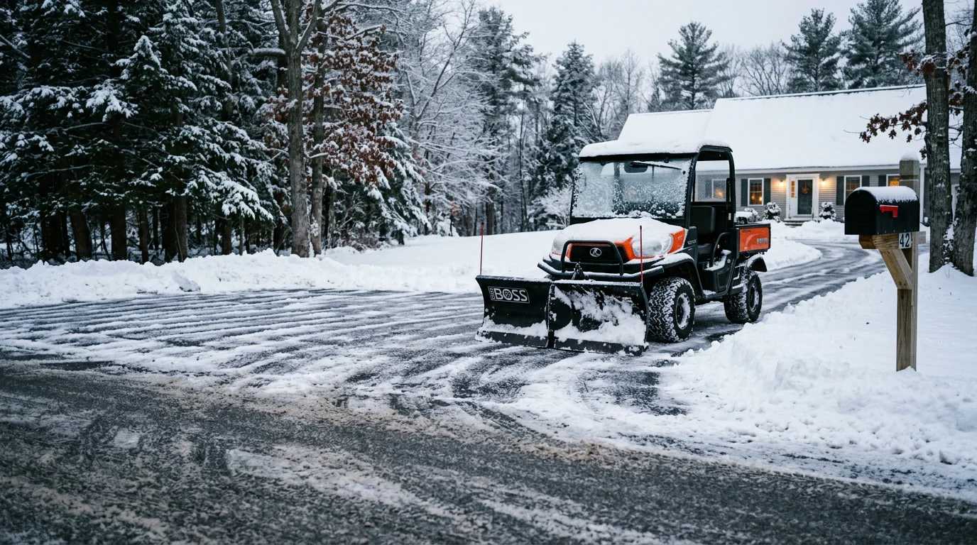 A cleared residential driveway in Falmouth, Maine after a heavy snowstorm, with snow pushed neatly to the sides and a clean path leading to the garage and front walkway. JM Excavating Inc. equipment visible in the background on a winter morning.