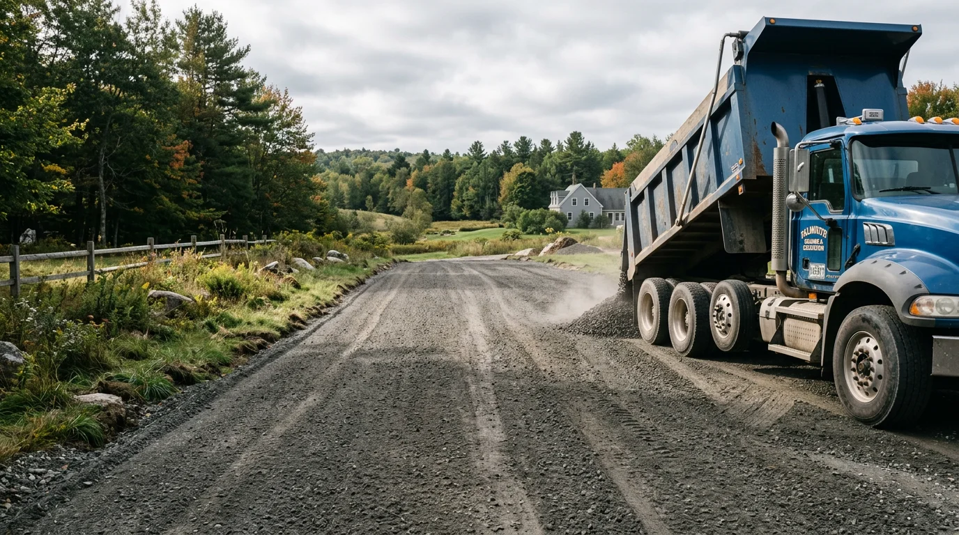 A dump truck unloading a supply of clean gravel onto a residential job site in Falmouth, Maine, with a graded driveway base visible in the foreground. Surrounding trees and a rural Maine property setting provide local context.
