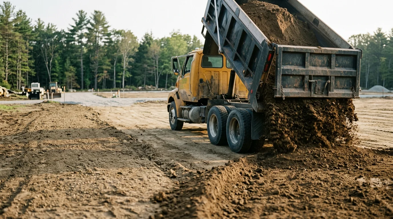 A dump truck loaded with excavated soil at a residential construction site in Falmouth, Maine. The truck is positioned on a cleared lot with graded earth visible in the background.