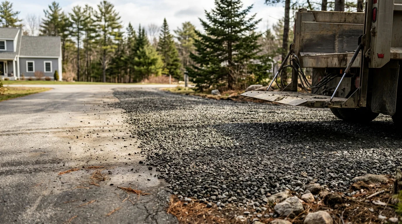 A dump truck from JM Excavating Inc. unloading a bulk stone delivery onto a residential driveway in Falmouth, Maine. Crushed stone is spread across the gravel surface with a wooded New England property visible in the background.