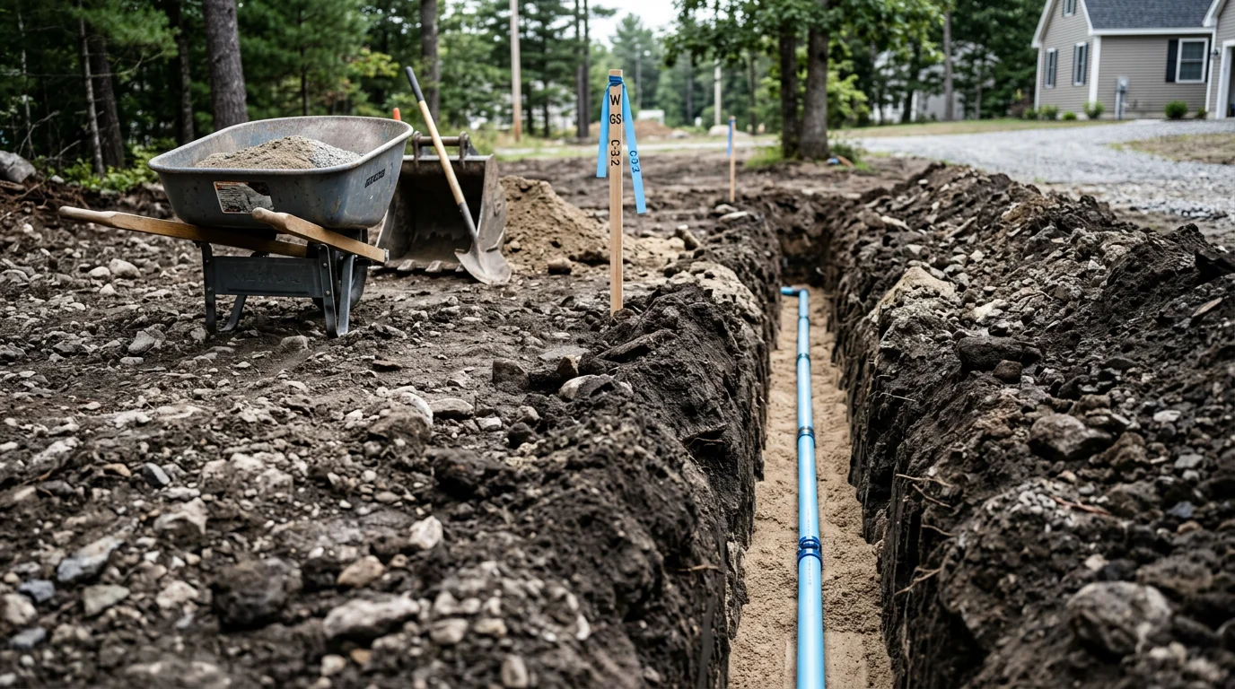 An excavator operator trenching a utility line installation on a residential property in Falmouth, Maine, with clean trench walls and bedding material visible before backfill. The surrounding site shows cleared ground typical of a new home build in the greater Portland area.